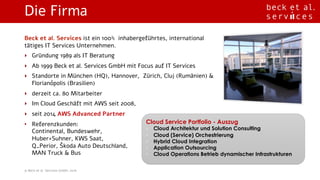Die Firma
© Beck et al. Services GmbH, 2016
Beck et al. Services ist ein 100% inhabergeführtes, international
tätiges IT Services Unternehmen.
‣ Gründung 1989 als IT Beratung
‣ Ab 1999 Beck et al. Services GmbH mit Focus auf IT Services
‣ Standorte in München (HQ), Hannover, Zürich, Cluj (Rumänien) &
Florianópolis (Brasilien)
‣ derzeit ca. 80 Mitarbeiter
‣ Im Cloud Geschäft mit AWS seit 2008,
‣ seit 2014 AWS Advanced Partner
• Referenzkunden:
Continental, Bundeswehr,
Huber+Suhner, KWS Saat,
Q_Perior, Škoda Auto Deutschland,
MAN Truck & Bus
Cloud Service Portfolio - Auszug
• Cloud Architektur und Solution Consulting
• Cloud (Service) Orchestrierung
• Hybrid Cloud Integration
• Application Outsourcing
• Cloud Operations Betrieb dynamischer Infrastrukturen
 