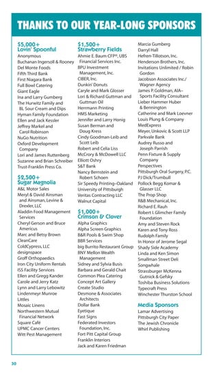 JCC Fiscal Year
     THANKS TO OUR YEAR-LONG SPONSORS                                         2009-2010



     $5,000+                      $1,500+                     Marcia Gumberg
     Lovin’ Spoonful              Strawberry Fields           Darryl Hall
     Anonymous                   Ahmie E. Baum CFP®, UBS      Hefren-Tillotson, Inc.
     Buchanan Ingersoll & Rooney Financial Services Inc.      Henderson Brothers, Inc.
     Del Monte Foods             BPU Investment               Invitations Unlimited / Robin
     Fifth Third Bank             Management, Inc.             Gordon
     First Niagara Bank          CIBER, Inc.                  Jacobson Associates Inc./
     Full Bowl Catering          Dunkin’ Donuts                Wagner Agency
     Giant Eagle                 Caryle and Mark Glosser      James P. Goldman, AIA–
     Ina and Larry Gumberg       Lori & Richard Guttman and    Sports Facility Consultant
     The Hurwitz Family and       Guttman Oil                 Lieber Hammer Huber
      BL Sour Cream and Dips     Herrmann Printing             & Bennington
     Hyman Family Foundation     HMS Marketing                Catherine and Mark Loevner
     Ellen and Jack Kessler      Jennifer and Larry Honig     Louis Plung & Company
     Jeffrey Markel and          Susan Berman and             MedExpress
      Carol Robinson              Doug Kress                  Meyer, Unkovic & Scott LLP
     NuGo Nutrition              Cindy Goodman-Leib and       Parkvale Bank
     Oxford Development           Scott Leib                  Audrey Russo and
      Company                    Robert and Celia Liss         Joseph Parrish
     Lori and James Ruttenberg   McCrory & McDowell LLC       Penn Fixture & Supply
     Suzanne and Brian Schreiber Elliott Oshry                 Company
     Trust-Franklin Press Co.    S&T Bank                     Perspectives
                                 Nancy Bernstein and          Pittsburgh Oral Surgery, P.C.
     $2,500+                      Robert Schoen               PJ Dick/Trumbull
     Sugar Magnolia              Sir Speedy Printing–Oakland Pollock Begg Komar &
     A&L Motor Sales             University of Pittsburgh      Glasser LLC
     Meryl & David Ainsman       Veritas Contracting LLC      The Prop Shop
      and Ainsman, Levine &      Walnut Capital               R&B Mechanical, Inc.
      Drexler, LLC                                            Richard E. Rauh
     Aladdin Food Management     $1,000+                      Robert I. Glimcher Family
      Services                   Crimson & Clover              Foundation
     Cheryl Gerson and Bruce     Alpha Graphics               Amy and Steven Rock
      Americus                   Alpha Screen Graphics        Karen and Tony Ross
     Marc and Betsy Brown        B&R Pools & Swim Shop        Rudolph Family
     CleanCare                   BBR Services                 In Honor of Jerome Segal
     ColdCypress, LLC            big Burrito Restaurant Group Shady Side Academy
     designspace                 BNY Mellon Wealth            Linda and Ken Simon
     Groff Orthopaedics           Management                  Smallman Street Deli
     Iron City Uniform Rentals   Sidney and Sylvia Busis      Songwhale
     ISS Facility Services       Barbara and Gerald Chait     Strassburger McKenna
     Ellen and Gregg Kander      Common Plea Catering          Gutnick & Gefsky
     Carole and Jerry Katz       Concept Art Gallery          Toshiba Business Solutions
     Lynn and Larry Lebowitz     Create Studio                Typecraft Press
     Lindenmeyr Munroe           Desmone & Associates         Winchester Thurston School
     Littles                      Architects
     Mosaic Linens               Dollar Bank                  Media Sponsors
     Northwestern Mutual         Eyetique                     Lamar Advertising
      Financial Network          Fast Signs                   Pittsburgh City Paper
     Square Café                 Federated Investors          The Jewish Chronicle
     UPMC Cancer Centers          Foundation, Inc.            Whirl Publishing
     Witt Pest Management        Fort Pitt Capital Group
                                 Franklin Interiors
                                 Jack and Karen Friedman


30
 
