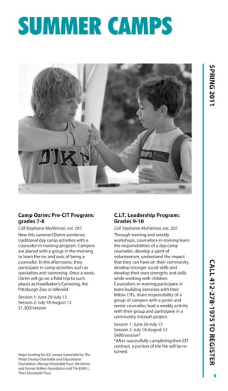 SUMMER CAMPS




                                                                                               SPRING 2011
Camp Ozrim: Pre-CIT Program:                      C.I.T. Leadership Program:
grades 7-8                                        Grades 9-10
Call Stephanie Muhleman, ext. 207.                Call Stephanie Muhleman, ext. 207.
New this summer! Ozrim combines                   Through training and weekly
traditional day camp activities with a            workshops, counselors-in-training learn
counselor-in-training program. Campers            the responsibilities of a day-camp
are placed with a group in the morning            counselor, develop a spirit of
to learn the ins and outs of being a              volunteerism, understand the impact
                                                                                               CALL 412-278-1975 TO REGISTER




counselor. In the afternoons, they                that they can have on their community,
participate in camp activities such as            develop stronger social skills and
specialties and swimming. Once a week,            develop their own strengths and skills
Ozrim will go on a field trip to such             while working with children.
places as Hazelbaker’s Canoeing, the              Counselors-in-training participate in
Pittsburgh Zoo or Idlewild.                       team-building exercises with their
Session 1: June 20-July 15                        fellow CITs, share responsibility of a
Session 2: July 18-August 12                      group of campers with a junior and
$1,300/session                                    senior counselor, lead a weekly activity
                                                  with their group and participate in a
                                                  community mitzvah project.
                                                  Session 1: June 20-July 15
                                                  Session 2: July 18-August 12
                                                  $600/session*
                                                  *After successfully completing their CIT
                                                  contract, a portion of the fee will be re-
                                                  turned.
Major funding for JCC camps is provided by The
Philip Chosky Charitable and Educational
Foundation, Massey Charitable Trust, the Morris
and Fannie Skilken Foundation and The Edith L.
Trees Charitable Trust.
                                                                                                                     9
 