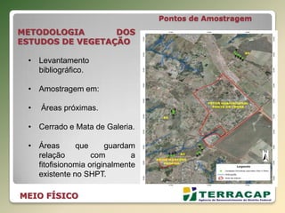 Pontos de Amostragem
METODOLOGIA DOS
ESTUDOS DE VEGETAÇÃO
• Levantamento
bibliográfico.
• Amostragem em:
• Áreas próximas.
• Cerrado e Mata de Galeria.
• Áreas que guardam
relação com a
fitofisionomia originalmente
existente no SHPT.
MEIO FÍSICO
 