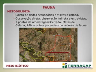 FAUNA
METODOLOGIA
 Coleta de dados secundários e visitas a campo.
 Observação direta, observação indireta e entrevistas.
 7 pontos de amostragem:Cerrado, Matas de
Galeria, APM e outros potenciais corredores de fauna.
MEIO BIÓTICO
 