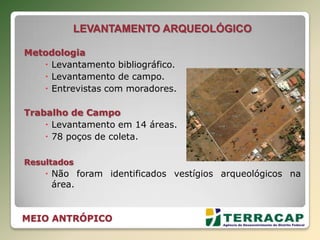 LEVANTAMENTO ARQUEOLÓGICO
Metodologia
 Levantamento bibliográfico.
 Levantamento de campo.
 Entrevistas com moradores.
Trabalho de Campo
 Levantamento em 14 áreas.
 78 poços de coleta.
Resultados
 Não foram identificados vestígios arqueológicos na
área.
MEIO ANTRÓPICO
 