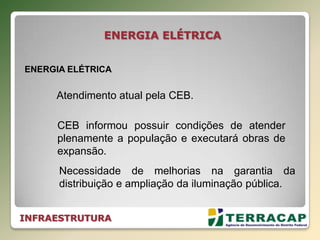 INFRAESTRUTURA
ENERGIA ELÉTRICA
ENERGIA ELÉTRICA
Atendimento atual pela CEB.
CEB informou possuir condições de atender
plenamente a população e executará obras de
expansão.
Necessidade de melhorias na garantia da
distribuição e ampliação da iluminação pública.
 
