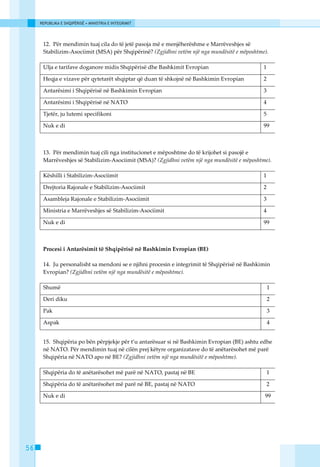 REPUBLIKA E SHQIPËRISË • MINISTRIA E INTEGRIMIT




      12. Pёr mendimin tuaj cila do tё jetё pasoja mё e menjёherёshme e Marrёveshjes sё
      Stabilizim-Asociimit (MSA) pёr Shqipёrinё? (Zgjidhni vetëm një nga mundësitë e mëposhtme).

      Ulja e tarifave doganore midis Shqipёrisё dhe Bashkimit Evropian                        1

      Heqja e vizave pёr qytetarёt shqiptar qё duan tё shkojnё nё Bashkimin Evropian          2

      Antarёsimi i Shqipёrisё nё Bashkimin Evropian                                           3

      Antarёsimi i Shqipёrisё nё NATO                                                         4

      Tjetёr, ju lutemi specifikoni                                                           5

      Nuk e di                                                                                99



      13. Pёr mendimin tuaj cili nga institucionet e mёposhtme do tё krijohet si pasojё e
      Marrёveshjes sё Stabilizim-Asociimit (MSA)? (Zgjidhni vetëm një nga mundësitë e mëposhtme).

      Kёshilli i Stabilizim-Asociimit                                                         1

      Drejtoria Rajonale e Stabilizim-Asociimit                                               2

      Asambleja Rajonale e Stabilizim-Asociimit                                               3

      Ministria e Marrёveshjes sё Stabilizim-Asociimit                                        4

      Nuk e di                                                                                99



      Procesi i Antarёsimit tё Shqipёrisё nё Bashkimin Evropian (BE)

      14. Ju personalisht sa mendoni se e njihni procesin e integrimit tё Shqipёrisё nё Bashkimin
      Evropian? (Zgjidhni vetëm një nga mundësitë e mëposhtme).

      Shumё                                                                                       1

      Deri diku                                                                                   2

      Pak                                                                                         3

      Aspak                                                                                       4


      15. Shqipёria po bёn pёrpjekje pёr t’u antarёsuar si nё Bashkimin Evropian (BE) ashtu edhe
      nё NATO. Pёr mendimin tuaj nё cilёn prej kёtyre organizatave do tё anëtarёsohet mё parё
      Shqipёria nё NATO apo nё BE? (Zgjidhni vetëm një nga mundësitë e mëposhtme).

      Shqipёria do tё anëtarёsohet mё parё nё NATO, pastaj nё BE                                  1

      Shqipёria do tё anëtarёsohet mё parё nё BE, pastaj nё NATO                                  2

      Nuk e di                                                                                 99




56
 