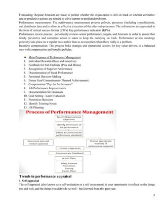 2
Forecasting: Regular forecasts are made to predict whether the organization is still on track or whether corrective
and/or predictive actions are needed to solve current or predicted problems.
Performance measurement: The performance measurement process collects, processes (including consolidation),
and distributes data and to allow an effective execution of the other sub-processes. The information is represented in
the form of critical success factors (CSFs) Key performance indicators (KPIs).
Performance review process: periodically reviews actual performance, targets, and forecasts in order to ensure that
timely preventive and corrective action is taken to keep the company on track. Performance review meetings
generally take place on a regular basis rather than as an exception when there really is a problem.
Incentive compensation: This process links strategic and operational actions for key value drivers, in a balanced
way with compensation and benefits policies.
Main Purposes of Performance Management
1. Individual Rewards (Base and Incentive)
2. Feedback for Sub-Ordinate (Plus and Minus)
3. Recognition of Superior Performance
4. Documentation of Weak Performance
5. Personnel Decision-Making
6. Future Goal Commitments (Planned Achievements)
7. Compensation "Pay for Performance"
8. Job Performance Improvements
9. Documentation for Decisions
10. Goal Setting - Later Evaluation
11. Promotion Decisions
12. Identify Training Needs
13. HR Planning
Process of Performance Management
Identify dimensions of
Job performance
Specify Organizational
Objectives
Define & Communicate
performance standards
Determine who will
conduct appraisal
Choose appropriate
methods of
performance appraisal
Conduct Appraisals
Communicate (Feedback)
Action Plans
-------------------------------
Salary Increase
Promotions
Training
Career Plans
Trends in performance appraisal
1. Self appraisal
The self-appraisal (also known as a self-evaluation or a self-assessment) is your opportunity to reflect on the things
you did well, and the things you didn't do so well - but learned from this past year.
 