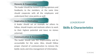 Inspiration & Motivation
A leader should set an example for others to
follow, should inspire and motivate others to work
to their highest potential and leave no stones
unturned.
Communication & Accountability
The leader should take the responsibility and be
accountable for the same. Also, should follow
proper channel of communication to remove the
bottle necks and miss management of information.
Honesty & Cooperation
The leader should be honest in giving opinions and
feedbacks to the members, at the same time
should cooperate with all the employees and
understand their view points as well.
Skills & Characteristics
LEADERSHIP
CC BY-SA-NC
 