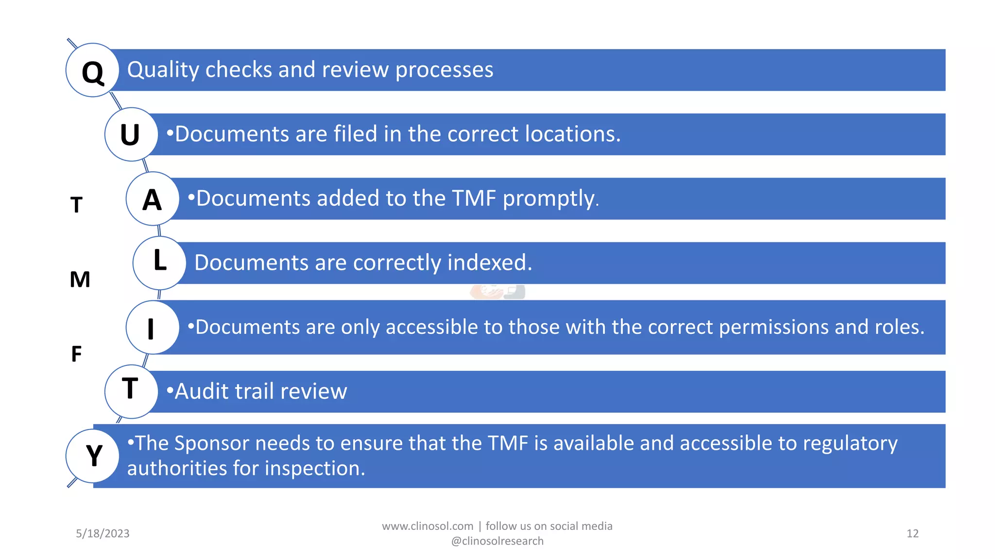 5/18/2023
www.clinosol.com | follow us on social media
@clinosolresearch
12
Quality checks and review processes
•Documents are filed in the correct locations.
•Documents added to the TMF promptly.
Documents are correctly indexed.
•Documents are only accessible to those with the correct permissions and roles.
•Audit trail review
•The Sponsor needs to ensure that the TMF is available and accessible to regulatory
authorities for inspection.
Q
U
A
L
Y
T
I
T
M
F
 