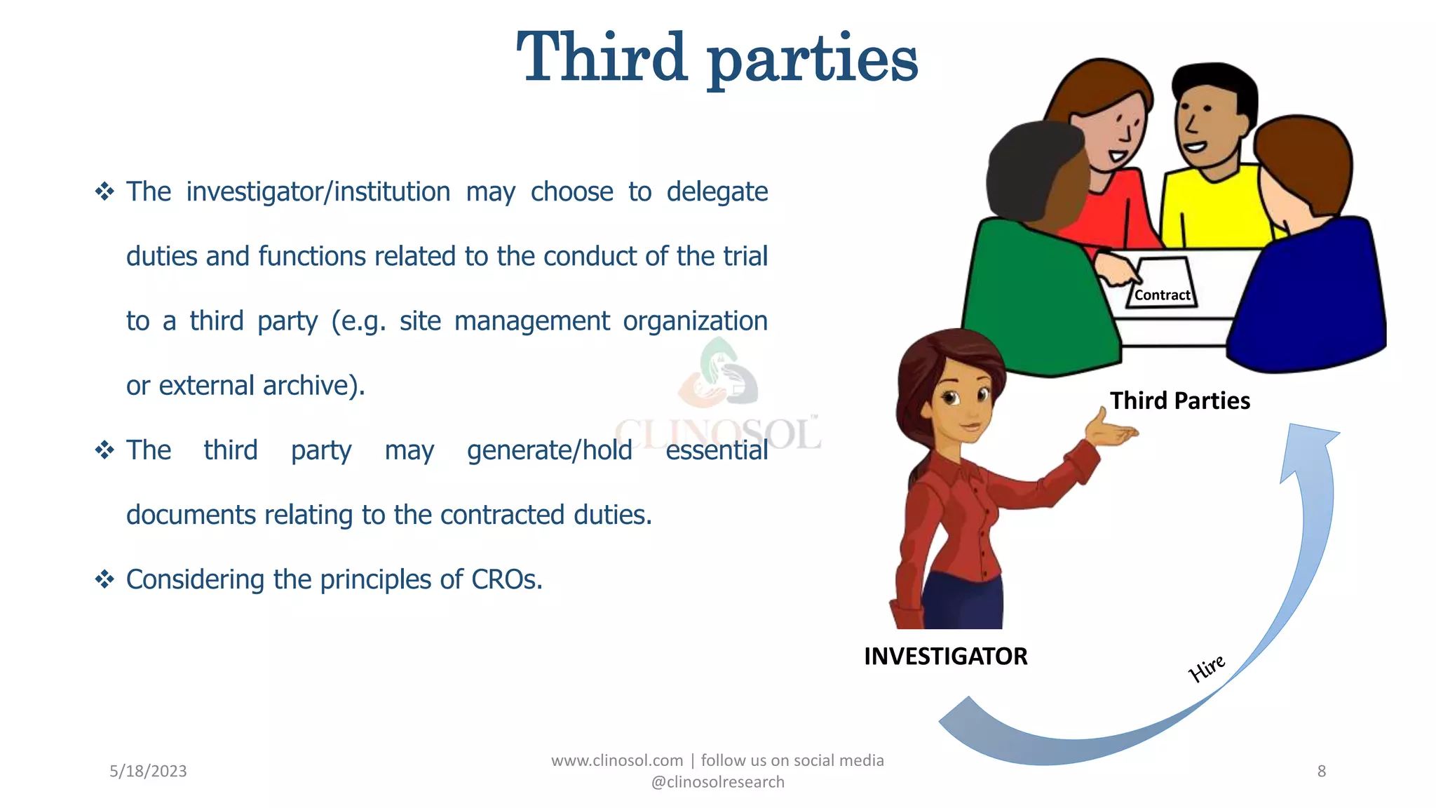 Third parties
 The investigator/institution may choose to delegate
duties and functions related to the conduct of the trial
to a third party (e.g. site management organization
or external archive).
 The third party may generate/hold essential
documents relating to the contracted duties.
 Considering the principles of CROs.
5/18/2023
www.clinosol.com | follow us on social media
@clinosolresearch
8
Contract
Third Parties
INVESTIGATOR
 