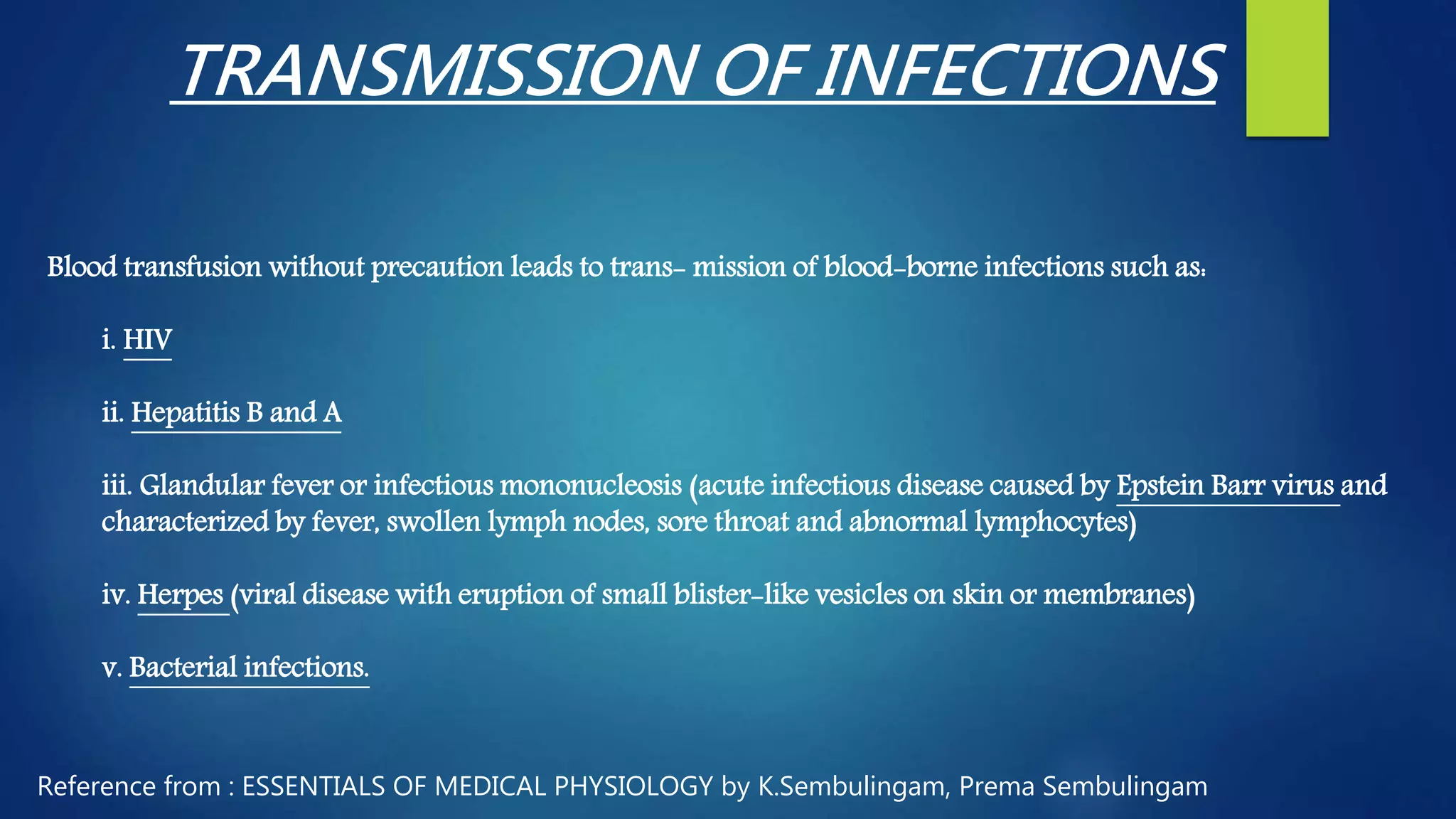 TRANSMISSION OF INFECTIONS
Blood transfusion without precaution leads to trans- mission of blood-borne infections such as:
i. HIV
ii. Hepatitis B and A
iii. Glandular fever or infectious mononucleosis (acute infectious disease caused by Epstein Barr virus and
characterized by fever, swollen lymph nodes, sore throat and abnormal lymphocytes)
iv. Herpes (viral disease with eruption of small blister-like vesicles on skin or membranes)
v. Bacterial infections.
Reference from : ESSENTIALS OF MEDICAL PHYSIOLOGY by K.Sembulingam, Prema Sembulingam
 