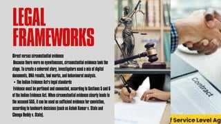 LEGAL
FRAMEWORKS
Direct versus circumstantial evidence
Because there were no eyewitnesses, circumstantial evidence took the
stage. To create a coherent story, investigators used a mix of digital
documents, DNA results, tool marks, and behavioural analysis.
• The Indian Evidence Act's legal standards
Evidence must be pertinent and connected, according to Sections 5 and 6
of the Indian Evidence Act. When circumstantial evidence clearly leads to
the accused 555, it can be used as sufficient evidence for conviction,
according to landmark decisions (such as Ashok Kumar v. State and
Chenga Reddy v. State).
 