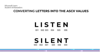 CONVERTING LETTERS INTO THE ASCII VALUES
L I S T E N
S I L E N T
001 005 006
003 002 001 005 006 004
003 004
002
 