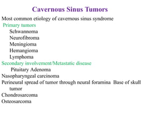 Cavernous Sinus Tumors
Most common etiology of cavernous sinus syndrome
Primary tumors
Schwannoma
Neurofibroma
Meningioma
Hemangioma
Lymphoma
Secondary involvement/Metastatic disease
Pituitary Adenoma
Nasopharyngeal carcinoma
Perineural spread of tumor through neural foramina Base of skull
tumor
Chondrosarcoma
Osteosarcoma
 