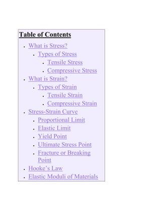 Table of Contents
 What is Stress?
 Types of Stress
 Tensile Stress
 Compressive Stress
 What is Strain?
 Types of Strain
 Tensile Strain
 Compressive Strain
 Stress-Strain Curve
 Proportional Limit
 Elastic Limit
 Yield Point
 Ultimate Stress Point
 Fracture or Breaking
Point
 Hooke’s Law
 Elastic Moduli of Materials
 