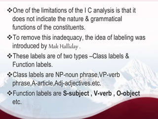 One of the limitations of the I C analysis is that it
does not indicate the nature & grammatical
functions of the constituents.
To remove this inadequacy, the idea of labeling was
introduced by Mak Halliday .
These labels are of two types –Class labels &
Function labels.
Class labels are NP-noun phrase,VP-verb
phrase,A-article,Adj-adjectives.etc.
Function labels are S-subject , V-verb , O-object
etc.
 