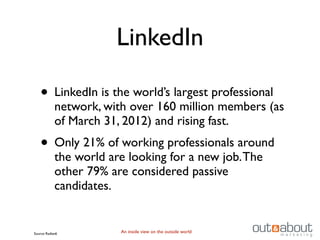 LinkedIn

    • LinkedIn is the world’s largest professional
             network, with over 160 million members (as
             of March 31, 2012) and rising fast.
    • Only 21% of working professionals around
             the world are looking for a new job. The
             other 79% are considered passive
             candidates.


Source: Radian6          An inside view on the outside world
 