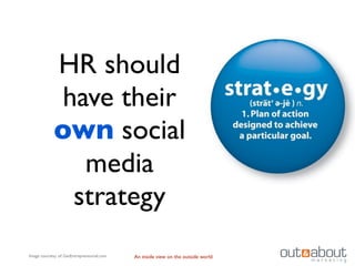 HR should
              have their
             own social
                media
               strategy
Image courtesy of: GetEntrepreneurial.com   An inside view on the outside world
 