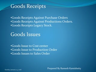 Sunday, January 14, 2018
Goods Receipts
•Goods Receipts Against Purchase Orders
•Goods Receipts Against Productions Orders.
•Goods Receipts Legacy Stock.
Goods Issues
•Goods Issue to Cost center
•Goods Issue to Production Order
•Goods Issues to Sales Order
Prepared By Ramesh Kamishetty
 