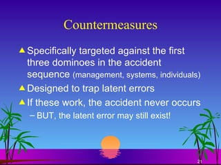 Countermeasures Specifically targeted against the first three dominoes in the accident sequence  (management, systems, individuals) Designed to trap latent errors If these work, the accident never occurs BUT, the latent error may still exist! 