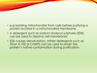 • e.g isolating mitochondria from cells before purifying a
protein located in a mitochondrial membrane.
• A detergent such as sodium dodecyl sulphate (SDS)
can be used to dissolve cell membranes
• SDS causes denaturation, milder detergents such as
Triton X-100 or CHAPS can be used to retain the
protein’s native conformation during purification.
 