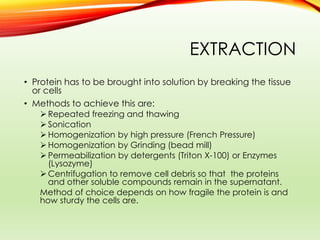 EXTRACTION
• Protein has to be brought into solution by breaking the tissue
or cells
• Methods to achieve this are:
 Repeated freezing and thawing
 Sonication
 Homogenization by high pressure (French Pressure)
 Homogenization by Grinding (bead mill)
 Permeabilization by detergents (Triton X-100) or Enzymes
(Lysozyme)
 Centrifugation to remove cell debris so that the proteins
and other soluble compounds remain in the supernatant.
Method of choice depends on how fragile the protein is and
how sturdy the cells are.
 