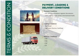 Payment, Loading &
Delivery Conditions
terms&condition Payment Condition
- 20% Advance & balance against documents.
- 100% sight LC from prime international bank.
Loading Condition
- Truckload
- Container (Factory Stuffing)
Delivery Condition
- FOR
- FOB
- CNF
- CIF
 