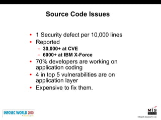 Source Code Issues 1 Security defect per 10,000 lines Reported 30,000+ at CVE 6000+ at IBM X-Force 70% developers are working on application coding 4 in top 5 vulnerabilities are on application layer Expensive to fix them. 