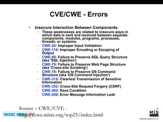 CVE/CWE - Errors Insecure Interaction Between Components These weaknesses are related to insecure ways in which data is sent and received between separate components, modules, programs, processes, threads, or systems.  CWE-20 : Improper Input Validation  CWE-116 : Improper Encoding or Escaping of Output  CWE-89 : Failure to Preserve SQL Query Structure (aka 'SQL Injection')  CWE-79 : Failure to Preserve Web Page Structure (aka 'Cross-site Scripting')  CWE-78 : Failure to Preserve OS Command Structure (aka 'OS Command Injection')  CWE-319 : Cleartext Transmission of Sensitive Information  CWE-352 : Cross-Site Request Forgery (CSRF)  CWE-362 : Race Condition  CWE-209 : Error Message Information Leak  Source – CWE/CVE - http://cwe.mitre.org/top25/index.html 