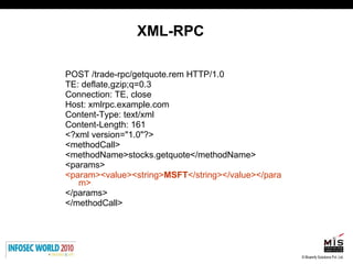 XML-RPC POST /trade-rpc/getquote.rem HTTP/1.0 TE: deflate,gzip;q=0.3 Connection: TE, close Host: xmlrpc.example.com Content-Type: text/xml Content-Length: 161 <?xml version="1.0"?> <methodCall> <methodName>stocks.getquote</methodName> <params> <param><value><string> MSFT </string></value></param> </params> </methodCall> 