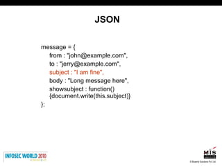 JSON <ul><li>message = { </li></ul><ul><li>from : &quot;john@example.com&quot;, </li></ul><ul><li>to : &quot;jerry@example...