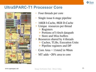 UltraSPARC-T1 Processor Core
  MUL
                                 ●   Four threads per core
                                 ●   Single issue 6 stage pipeline
                          EXU
                                 ● 16KB I-Cache, 8KB D-Cache
                                 > Unique resources per thread
                                   > Registers
     IFU
                                   > Portions of I-fetch datapath
                                   > Store and Miss buffers
                                 > Resources shared by 4 threads
   MMU              LSU
                                   > Caches, TLBs, Execution Units
                                   > Pipeline registers and DP
                                 ●   Core Area = 11mm2 in 90nm
     TRAP
                                 ●   MT adds ~20% area to core



www.opensparc.net               Design Verification Club – Silicon Valley   15
 