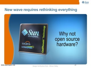 New wave requires rethinking everything




                                                          Why not
                                                        open source
                                                         hardware?


www.opensparc.net                                               21
                    Design Verification Club – Silicon Valley
 