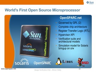 World's First Open Source Microprocessor
                                                           OpenSPARC.net
                                                    • Governed by GPL (2)
                                                    • Complete chip architecture
                                                    • Register Transfer Logic (RTL)
                                                    • Hypervisor API
                                                    • Verification suite and
                                                      architectural models
                                                    • Simulation model for Solaris
                                                      bringup on s/w




www.opensparc.net                                                       22
                    Design Verification Club – Silicon Valley
 