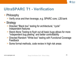 UltraSPARC T1 - Verification
• Philosophy
    > Verify once and then leverage, e.g. SPARC core, L2$ bank
• Strategy
    > Directed “Black box” testing for architectural, “cycle”
      independent features
    > Stand Alone Testing to flush out all basic bugs allows for more
      “independent bug peeling” and better controllability
    > Directed Random “White box” testing with Functional Coverage
      Feedback
    > Some formal methods, code review in high risk areas



www.opensparc.net         Design Verification Club – Silicon Valley   25
 