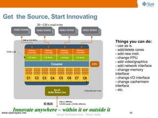 Get the Source, Start Innovating
                                 20+ GB/s read/write
        DDR2 DIMM                DDR2 DIMM                  DDR2 DIMM                    DDR2 DIMM



              16B @ 333 MT/s
                                                                                                                Things you can do:
                                                                                                                - use as is
   3MB L2$
                     Memory             Memory                Memory             Memory                         - add/delete cores
                    Controller         Controller            Controller         Controller
                                                                                                                - add new instr.
                    L2$ Bank
                    L2$ Bank           L2$ Bank
                                       L2$ Bank              L2$ Bank
                                                             L2$ Bank             L2$ Bank
                                                                                 L2$ Bank                       - change FPU
                                                                                                                - add video/graphics
                                                 Crossbar
                                                 Crossbar                                          FPU
                                                                                                                - add network interface
                16KB I$    16KB I$   16KB I$    16KB I$    16KB I$   16KB I$   16KB I$   16KB I$                - change memory
                 8KB D$    8KB D$    8KB D$     8KB D$     8KB D$    8KB D$    8KB D$    8KB D$
                                                                                                                interface
                    C1      C2       C3          C4         C5        C6       C7        C8                     - change I/O interface
                                                                                                                - change cache/mem
                                                                                                                interface
                                                     Sys I/F                               4 threads per core   - etc.
                                               Buffer Switch Core


                                                            16B @ 200Mhz
                                      IO BUS                3.2GB/s peak, 2.5GB/s effective


       Innovate anywhere – within it or outside it
www.opensparc.net                                                                                                       46
                                                          Design Verification Club – Silicon Valley
 