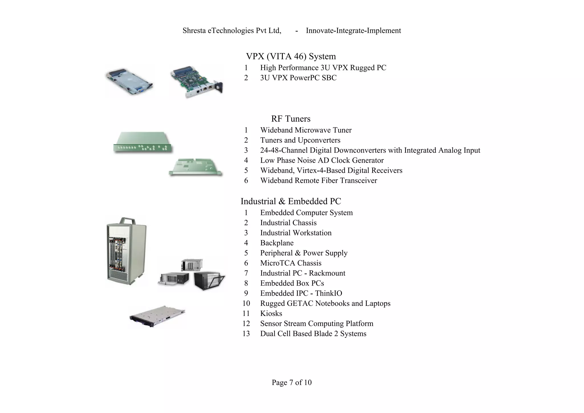 Shresta eTechnologies Pvt Ltd,    -   Innovate-Integrate-Implement


                   VPX (VITA 46) System
                  1    High Performance 3U VPX Rugged PC
                  2    3U VPX PowerPC SBC




                          RF Tuners
                  1    Wideband Microwave Tuner
                  2    Tuners and Upconverters
                  3    24-48-Channel Digital Downconverters with Integrated Analog Input
                  4    Low Phase Noise AD Clock Generator
                  5    Wideband, Virtex-4-Based Digital Receivers
                  6    Wideband Remote Fiber Transceiver

                 Industrial & Embedded PC
                   1   Embedded Computer System
                   2   Industrial Chassis
                   3   Industrial Workstation
                   4   Backplane
                   5   Peripheral & Power Supply
                   6   MicroTCA Chassis
                   7   Industrial PC - Rackmount
                   8   Embedded Box PCs
                   9   Embedded IPC - ThinkIO
                  10   Rugged GETAC Notebooks and Laptops
                  11   Kiosks
                  12   Sensor Stream Computing Platform
                  13   Dual Cell Based Blade 2 Systems




                           Page 7 of 10
 