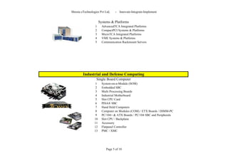 Shresta eTechnologies Pvt Ltd,     -   Innovate-Integrate-Implement


                       Systems & Platforms
                  1      AdvancedTCA Integrated Platforms
                  2      CompactPCI Systems & Platforms
                  3      MicroTCA Integrated Platforms
                  4      VME Systems & Platforms
                  5      Communication Rackmount Servers




         Industrial and Defense Computing
                   Single Board Computer
                   1     System-on-a-Module (SOM)
                   2     Embedded SBC
                   3     Multi Processing Boards
                   4     Industrial Motherboard
                   5     Slot CPU Card
                   6     PISA® SBC
                   7     Hand Held Computers
                   8     Computer on Modules (COM) / ETX Boards / DIMM-PC
                   9     PC/104+ & ATX Boards / PC/104 SBC and Peripherals
                  10     Slot CPU / Backplane
                  11     Accessory
                  12     Flatpanel Controller
                  13     PMC / XMC




                            Page 5 of 10
 
