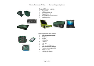 Shresta eTechnologies Pvt Ltd,    -   Innovate-Integrate-Implement


                  Rugged PCs and Laptops
                  1    RuggedPad
                  2    Rugged Portable PC
                  3    Rugged Micro PC
                  4    Rugged Rackmount Computer
                  5    Rugged Monitor




                Data Acquisition and Control
                  1    Data Acquisition Boards
                  *    PC104 bus
                  *    PCI bus
                  *    104plus bus
                  *    CPCI bus
                  *    USB bus
                  *    PCIe bus (coming soon)
                  2    Data Acquisition Modules
                  *    Protocol converting module
                  *    485 bus module
                  *    Ethernet bus module




                           Page 8 of 10
 