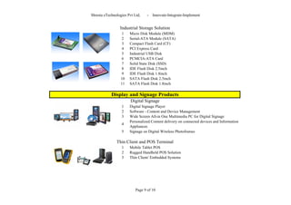 Shresta eTechnologies Pvt Ltd,    -   Innovate-Integrate-Implement


                 Industrial Storage Solution
                   1   Micro Disk Module (MDM)
                   2   Serial-ATA Module (SATA)
                   3   Compact Flash Card (CF)
                   4   PCI Express Card
                   5   Industrial USB Disk
                   6   PCMCIA-ATA Card
                   7   Solid State Disk (SSD)
                   8   IDE Flash Disk 2.5inch
                   9   IDE Flash Disk 1.8inch
                  10   SATA Flash Disk 2.5inch
                  11   SATA Flash Disk 1.8inch

            Display and Signage Products
                        Digital Signage
                  1    Digital Signage Player
                  2    Software - Content and Device Management
                  3    Wide Screen All-in One Multimedia PC for Digital Signage
                       Personalized Content delivery on connected devices and Information
                  4
                       Appliances
                  5    Signage on Digital Wireless Photoframes

               Thin Client and POS Terminal
                  1    Mobile Tablet POS
                  2    Rugged Handheld POS Solution
                  3    Thin Client/ Embedded Systems




                           Page 9 of 10
 