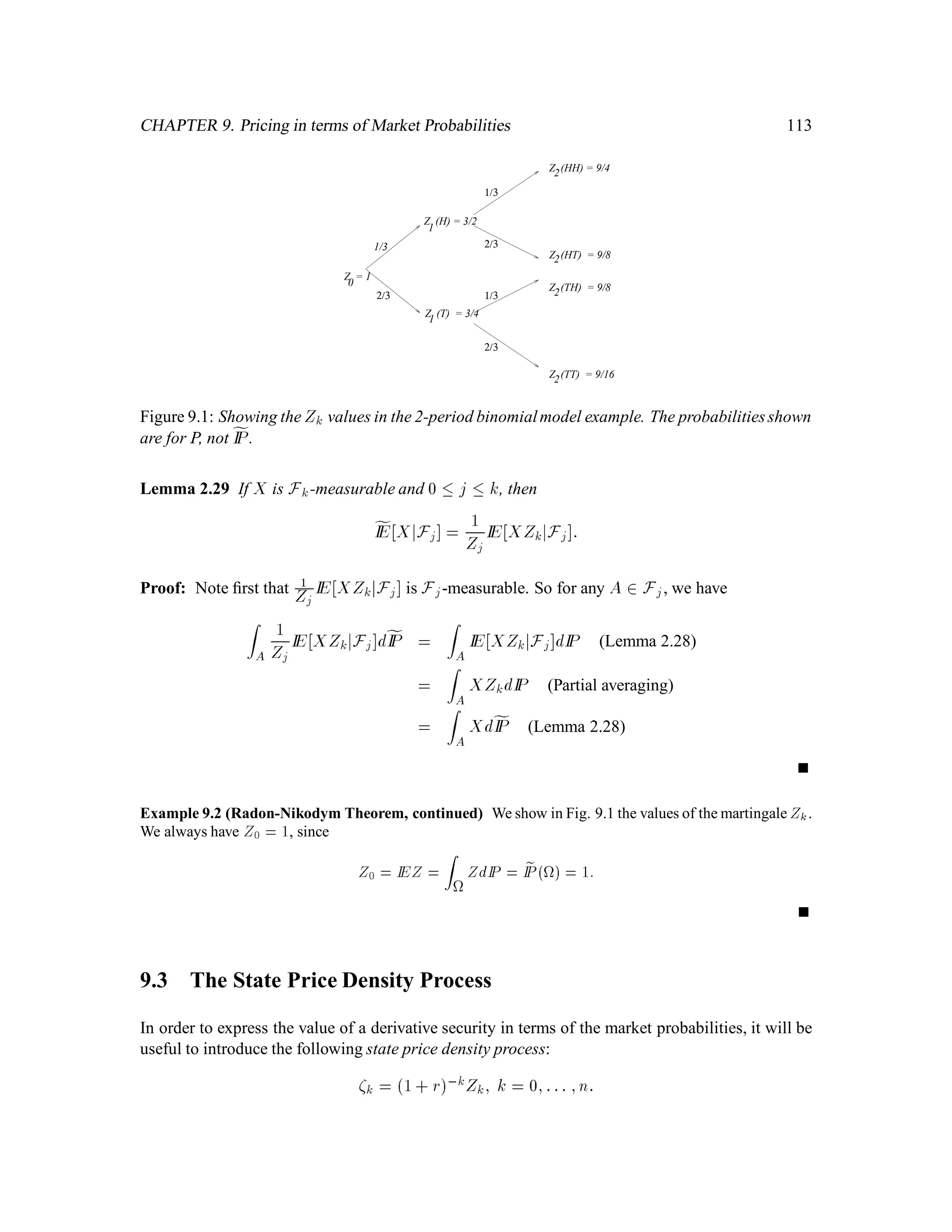 Chapter 5
Stopping Times and American Options
5.1 American Pricing
Let us ﬁrst review the European pricing formula in a Markov model. Consider the Binomial
model with n periods. Let Vn = gSn be the payoff of a derivative security. Deﬁne by backward
recursion:
vnx = gx
vkx = 1
1 + r ~pvk+1ux+ ~qvk+1dx :
Then vkSk is the value of the option at time k, and the hedging portfolio is given by
k = vk+1uSk , vk+1dSk
u, dSk
; k = 0;1;2;::: ;n, 1:
Now consider an American option. Again a function g is speciﬁed. In any period k, the holder
of the derivative security can “exercise” and receive payment gSk. Thus, the hedging portfolio
should create a wealth process which satisﬁes
Xk  gSk;8k; almost surely.
This is because the value of the derivative security at time k is at least gSk, and the wealth process
value at that time must equal the value of the derivative security.
American algorithm.
vnx = gx
vkx = max 1
1 + r~pvk+1ux + ~qvk+1dx; gx
Then vkSk is the value of the option at time k.
77
 