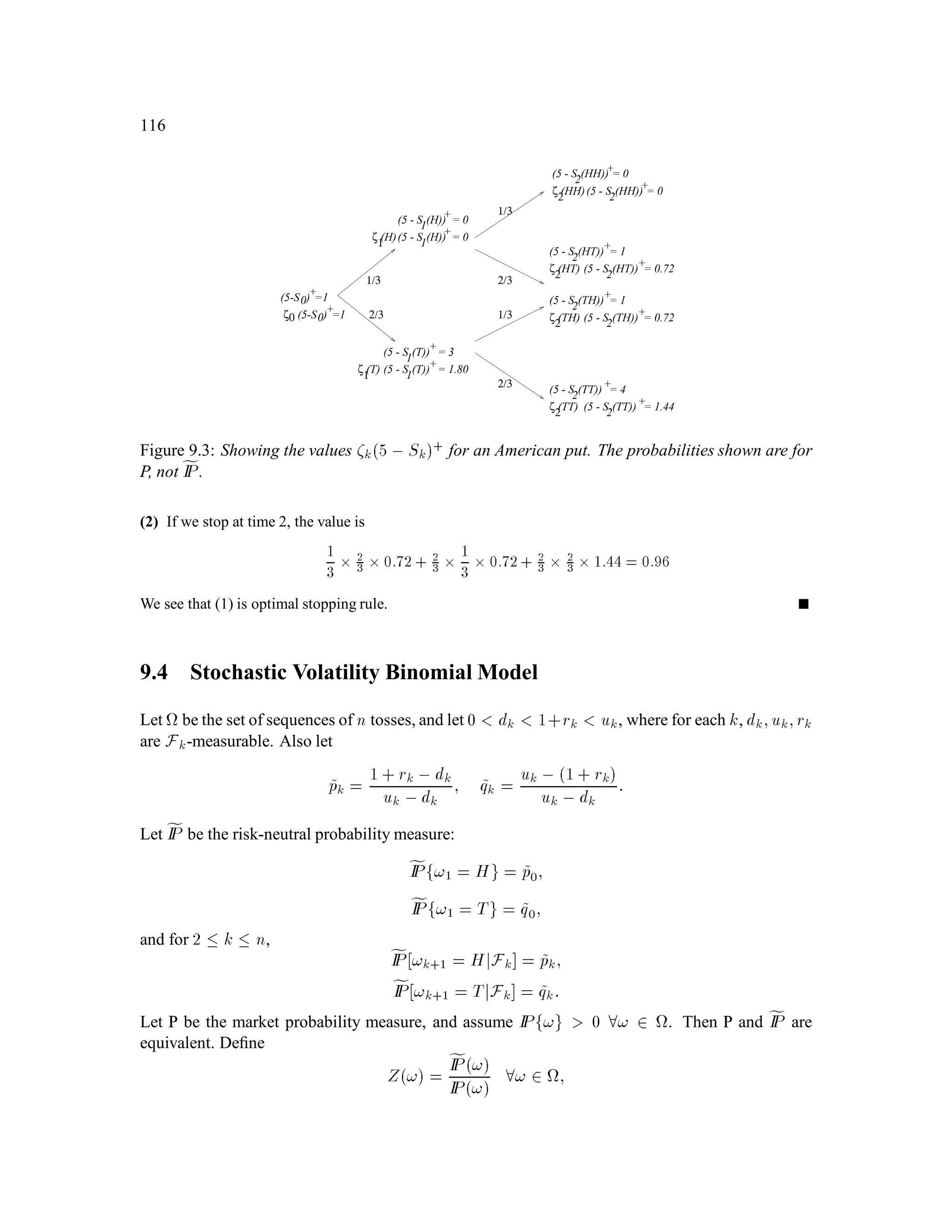 80
and the holder of the American option does not exercise, then the seller of the option can consume
to close the gap. By doing this, he can ensure that Xk = vkSk for all k, where vk is the value
deﬁned by the American algorithm in Section 5.1.
In the previous example, v1S1T = 3;v2S2TH = 1 and v2S2TT = 4. Therefore,
fIE 1
1+ rv2S2jF1 T = 4
5
h1
2:1+ 1
2:4
i
= 4
5
5
2

= 2;
v1S1T = 3;
so there is a gap of size 1. If the owner of the option does not exercise it at time one in the state
!1 = T, then the seller can consume 1 at time 1. Thereafter, he uses the usual hedging portfolio
k = vk+1uSk, vk+1dSk
u,dSk
In the example, we have v1S1T = gS1T. It is optimal for the owner of the American option
to exercise whenever its value vkSk agrees with its intrinsic value gSk.
Deﬁnition 5.1 (Stopping Time) Let  ;F;P be a probability space and let fFkgn
k=0 be a ﬁltra-
tion. A stopping time is a random variable : !f0;1;2;::: ;ng f1g with the property that:
f! 2 ; ! = kg 2 Fk; 8k = 0;1;::: ;n;1:
Example 5.2 Consider the binomial model with n = 2;S0 = 4;u = 2;d = 1
2
;r = 1
4
, so ~p = ~q = 1
2
. Let
v0;v1;v2 be the value functions deﬁned for the American put with strike price 5. Deﬁne
! = minfk;vkSk = 5,Sk+
g:
The stopping time corresponds to “stopping the ﬁrst time the value of the option agrees with its intrinsic
value”. It is an optimal exercise time. We note that
! = 1 if ! 2 AT
2 if ! 2 AH
We verify that is indeed a stopping time:
f!; ! = 0g = 2 F0
f!; ! = 1g = AT 2 F1
f!; ! = 2g = AH 2 F2
Example 5.3 (A random time which is not a stopping time) In the same binomial model as in the previous
example, deﬁne
! = minfk;Sk! = m2!g;
 