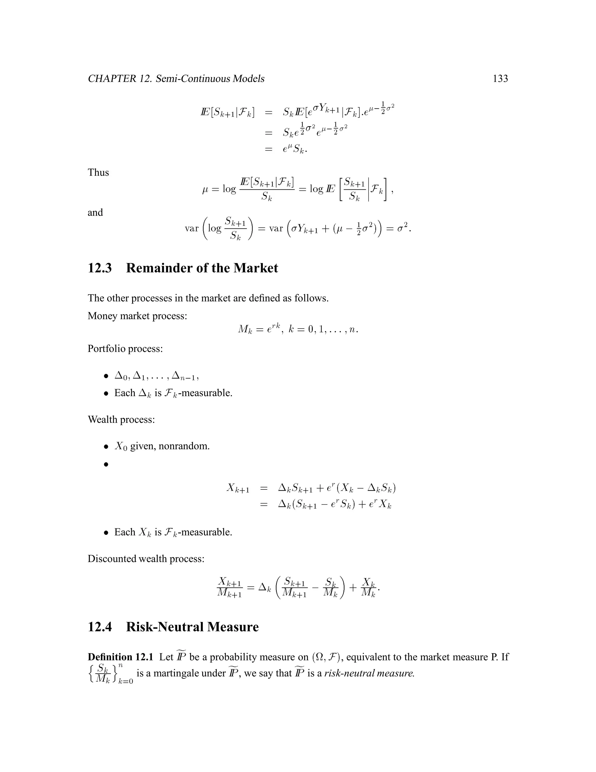 CHAPTER 6. Properties of American Derivative Securities 87
Proof: The optional sampling theorem for the supermartingale f1 + r,kYkgn
k=0 implies
fIE 1 + r, Y jFk  1+ r,kYk;8 2 Tk:
Therefore,
Vk = 1+ rk max2Tk
fIE 1+ r, G jFk
 1+ rk max2Tk
fIE 1+ r, Y jFk
 1+ r,k1+ rkYk
= Yk:
Lemma 2.21 Deﬁne
Ck = Vk , 1
1 + r
fIE Vk+1jFk
= 1 + rk
n
1 + r,kVk , fIE 1+ r,k+1Vk+1jFk
o
:
Since f1+ r,kVkgn
k=0 is a supermartingale, Ck must be non-negative almost surely. Deﬁne
k!1;::: ;!k = Vk+1!1;::: ;!k;H,Vk+1!1;::: ;!k;T
Sk+1!1;::: ;!k;H,Sk+1!1;::: ;!k;T:
Set X0 = V0 and deﬁne recursively
Xk+1 = kSk+1 + 1 + rXk , Ck ,kSk:
Then
Xk = Vk 8k:
Proof: We proceed by induction on k. The induction hypothesis is that Xk = Vk for some
k 2 f0;1;::: ;n ,1g, i.e., for each ﬁxed !1;::: ;!k we have
Xk!1;::: ;!k = Vk!1;::: ;!k:
We need to show that
Xk+1!1;::: ;!k;H = Vk+1!1;::: ;!k;H;
Xk+1!1;::: ;!k;T = Vk+1!1;::: ;!k;T:
We prove the ﬁrst equality; the proof of the second is similar. Note ﬁrst that
Vk!1;::: ;!k ,Ck!1;::: ;!k
= 1
1+ r
fIE Vk+1jFk !1;::: ;!k
= 1
1+ r ~pVk+1!1;::: ;!k;H+ ~qVk+1!1;::: ;!k;T:
 