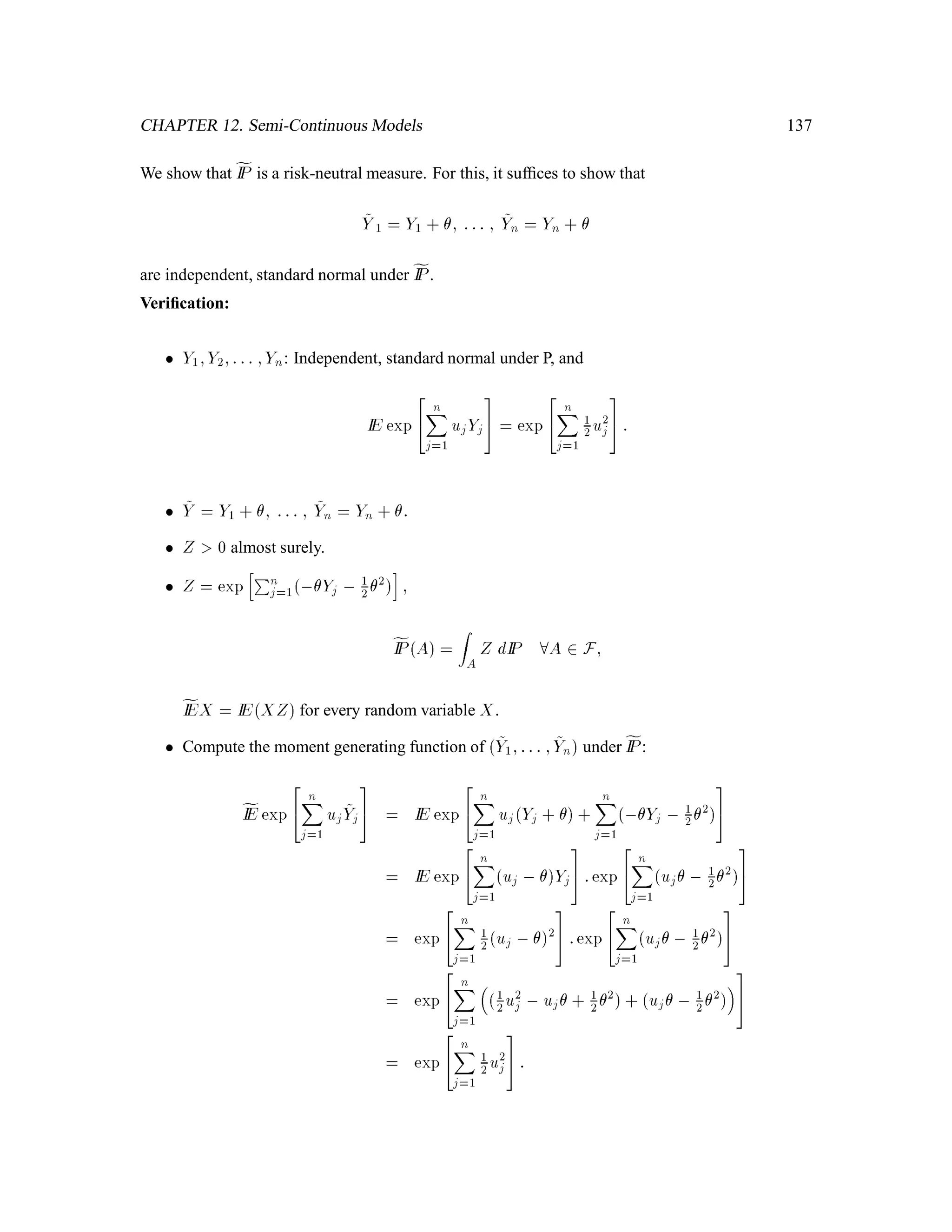 Chapter 7
Jensen’s Inequality
7.1 Jensen’s Inequality for Conditional Expectations
Lemma 1.23 If ' : IR!IR is convex and IEj'Xj 1, then
IE 'XjG  'IE XjG :
For instance, if G = f ; g;'x = x2:
IEX2  IEX2:
Proof: Since ' is convex we can express it as follows (See Fig. 7.1):
'x = maxh'
h is linear
hx:
Now let hx = ax+ b lie below '. Then,
IE 'XjG  IE aX + bjG
= aIE XjG + b
= hIE XjG 
This implies
IE 'XjG  maxh'
h is linear
hIE XjG 
= 'IE XjG :
91
 