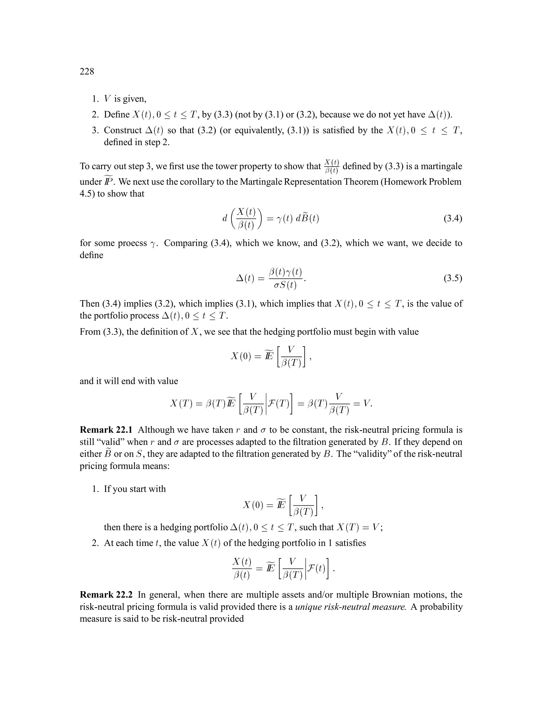 102
τ1
τ1
τ2
τ2
Mk
k
−
Figure 8.3: General ﬁrst passage times.
For 2 0;1,
IE 2 jF 1 = IE
 1 2, 1
jF 1

= 1 IE 2, 1
jF 1
(taking out what is known)
= 1 IE 2, 1
jM 1
(strong Markov property)
= 1 IE 2, 1
M 1 = 1; not random 
= 1

1 ,
p
1 , 2
!
:
Take expectations of both sides to get
IE 2 = IE 1 :

1,
p
1 , 2
!
=

1,
p
1 , 2
!2
In general,
IE m =

1 ,
p
1 , 2
!m
; 2 0;1:
8.7 Example: Perpetual American Put
Consider the binomial model, with u = 2;d = 1
2;r = 1
4, and payoff function 5 , Sk+. The risk
neutral probabilities are ~p = 1
2, ~q = 1
2, and thus
Sk = S0uMk;
 