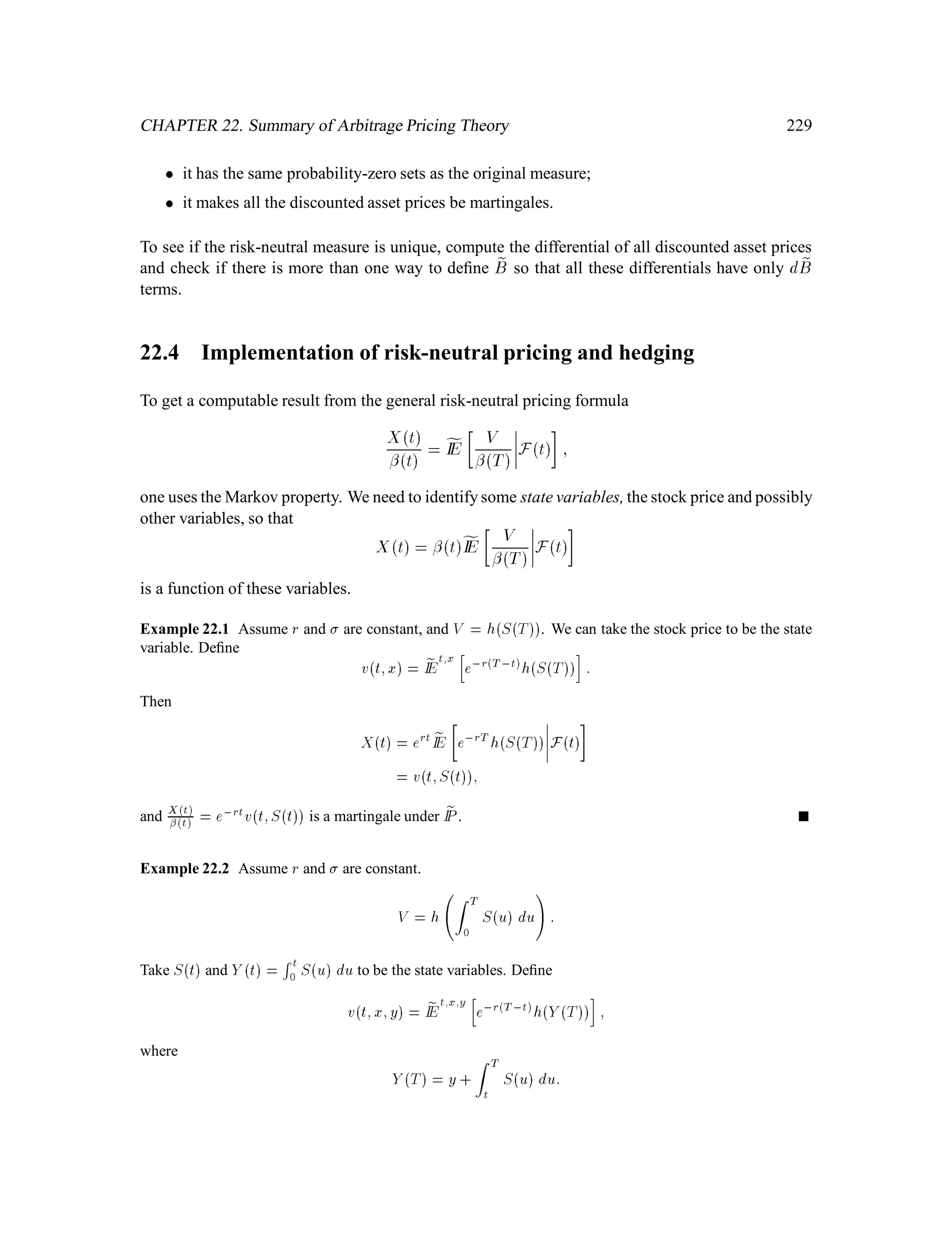 CHAPTER 8. Random Walks 103
where Mk is a symmetric random walk under the risk-neutral measure, denoted by fIP. Suppose
S0 = 4. Here are some possible exercise rules:
Rule 0: Stop immediately. 0 = 0;V 0 = 1.
Rule 1: Stop as soon as stock price falls to 2, i.e., at time
,1
4
= minfk;Mk = ,1g:
Rule 2: Stop as soon as stock price falls to 1, i.e., at time
,2
4
= minfk;Mk = ,2g:
Because the random walk is symmetric under fIP, ,m has the same distribution under fIP as the
stopping time m in the previous section. This observation leads to the following computations of
value. Value of Rule 1:
V ,1 = fIE
1 + r, ,1 5, S ,1 +
= 5, 2+IE
h
4
5 ,1
i
= 3:
1,
q
1 ,4
52
4
5
= 3
2:
Value of Rule 2:
V ,2 = 5 ,1+fIE
h
4
5 ,2
i
= 4:1
22
= 1:
This suggests that the optimal rule is Rule 1, i.e., stop (exercise the put) as soon as the stock price
falls to 2, and the value of the put is 3
2 if S0 = 4.
Suppose instead we start with S0 = 8, and stop the ﬁrst time the price falls to 2. This requires 2
down steps, so the value of this rule with this initial stock price is
5 ,2+fIE
h
4
5 ,2
i
= 3:1
22 = 3
4:
In general, if S0 = 2j for some j  1, and we stop when the stock price falls to 2, then j ,1 down
steps will be required and the value of the option is
5, 2+fIE
h
4
5 ,j,1
i
= 3:1
2j,1:
We deﬁne
v2j 4
= 3:1
2j,1; j = 1;2;3;:::
 