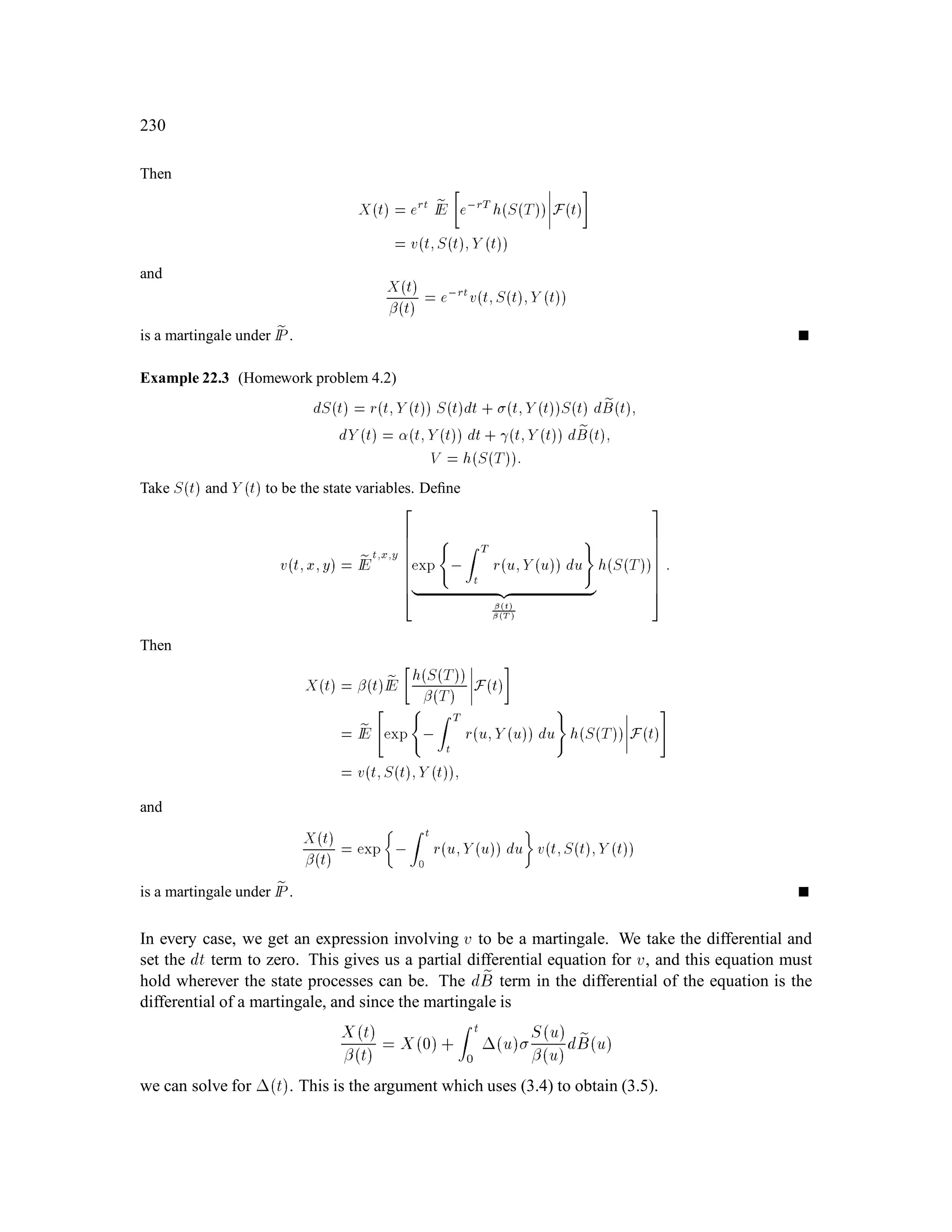 104
If S0 = 2j for some j  1, then the initial price is at or below 2. In this case, we exercise
immediately, and the value of the put is
v2j 4
= 5, 2j; j = 1;0;,1;,2;:::
Proposed exercise rule: Exercise the put whenever the stock price is at or below 2. The value of
this rule is given by v2j as we just deﬁned it. Since the put is perpetual, the initial time is no
different from any other time. This leads us to make the following:
Conjecture 1 The value of the perpetual put at time k is vSk.
How do we recognize the value of an American derivative security when we see it?
There are three parts to the proof of the conjecture. We must show:
(a) vSk  5, Sk+ 8k;
(b)
n
4
5kvSk
o1
k=0
is a supermartingale,
(c) fvSkg1
k=0 is the smallest process with properties (a) and (b).
Note: To simplify matters, we shall only consider initial stock prices of the form S0 = 2j, so Sk is
always of the form 2j, with a possibly different j.
Proof: (a). Just check that
v2j 4
= 3:1
2j,1  5 ,2j+ for j  1;
v2j 4
= 5 ,2j  5 ,2j+ for j  1:
This is straightforward.
Proof: (b). We must show that
vSk  fIE
h4
5vSk+1jFk
i
= 4
5:1
2v2Sk + 4
5:1
2v1
2Sk:
By assumption, Sk = 2j for some j. We must show that
v2j  2
5v2j+1+ 2
5v2j,1:
If j  2, then v2j = 3:1
2j,1 and
2
5v2j+1+ 2
5v2j,1
= 2
5:3:1
2j + 2
5:3:1
2j,2
= 3:

2
5:1
4 + 2
5

1
2j,2
= 3:1
2:1
2j,2
= v2j:
 
