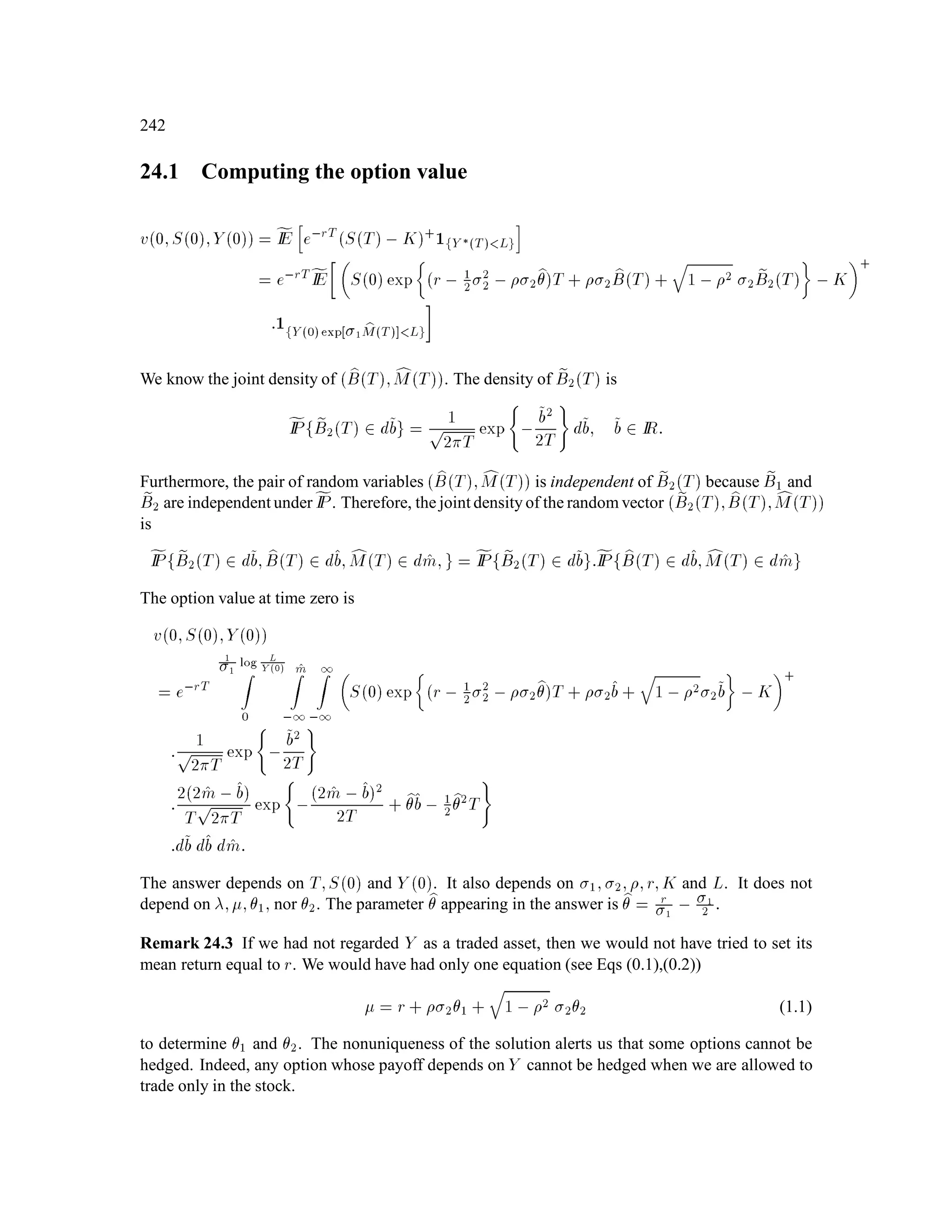 114
We then have the following pricing formulas: For a Simple European derivative security with
payoff Ck at time k,
V0 = fIE
h
1 + r,kCk
i
= IE
h
1 + r,kZkCk
i
(Lemma 2.28)
= IE 
kCk :
More generally for 0  j  k,
Vj = 1+ rjfIE
h
1 + r,kCkjFj
i
= 1+ rj
Zj
IE
h
1 + r,kZkCkjFj
i
(Lemma 2.29)
= 1

j
IE 
kCkjFj
Remark 9.3 f
jVjgk
j=0 is a martingale under IP, as we can check below:
IE 
j+1Vj+1jFj = IE IE 
kCkjFj+1 jFj
= IE 
kCkjFj
= 
jVj:
Now for an American derivative security fGkgn
k=0:
V0 = sup
2T0
fIE 1+ r, G
= sup
2T0
IE 1+ r, Z G
= sup
2T0
IE 
 G :
More generally for 0  j  n,
Vj = 1+ rj sup
2Tj
fIE 1 + r, G jFj
= 1+ rj sup
2Tj
1
Zj
IE 1+ r, Z G jFj
= 1

j
sup
2Tj
IE 
 G jFj :
Remark 9.4 Note that
(a) f
jVjgn
j=0 is a supermartingale under IP,
(b) 
jVj  
jGj 8j;
 