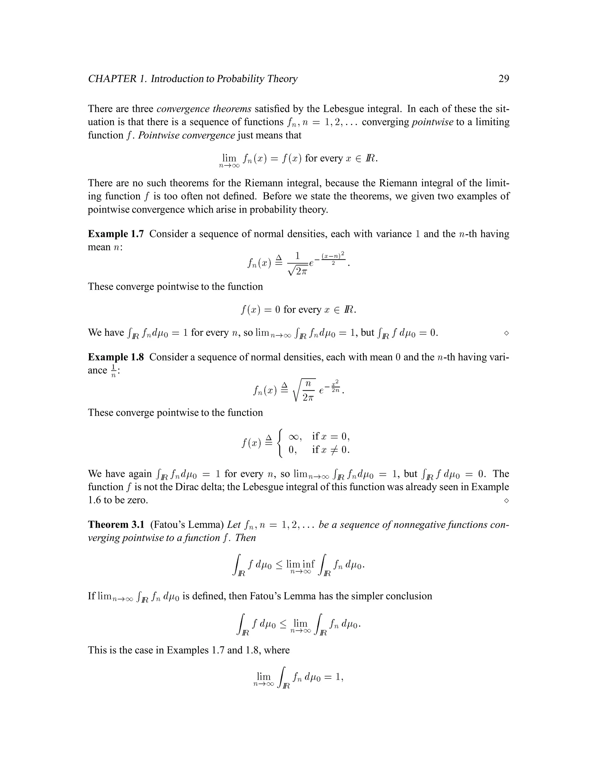 CHAPTER 1. Introduction to Probability Theory 21
The distribution of a random variable is a measure LX on IR, i.e., a way of assigning probabilities
to sets in IR. It depends on the random variable X and the probability measure IP we use in . If we
set the probability of H to be 1
3, then LS2 assigns mass 1
9 to the number 16. If we set the probability
of H to be 1
2, then LS2 assigns mass 1
4 to the number 16. The distribution of S2 has changed, but
the random variable has not. It is still deﬁned by
S2HHH = S2HHT = 16;
S2HTH = S2HTT = S2THH = S2THT = 4;
S2TTH = S2TTT = 1:
Thus, a random variable can have more than one distribution (a “market” or “objective” distribution,
and a “risk-neutral” distribution).
In a similar vein, two different random variables can have the same distribution. Suppose in the
binomial model of Example 1.1, the probability of H and the probability of T is 1
2. Consider a
European call with strike price 14 expiring at time 2. The payoff of the call at time 2 is the random
variable S2 , 14+, which takes the value 2 if ! = HHH or ! = HHT, and takes the value 0 in
every other case. The probability the payoff is 2is 1
4, and the probability it is zero is 3
4. Consider also
a European put with strike price 3 expiring at time 2. The payoff of the put at time 2 is 3 , S2+,
which takes the value 2 if ! = TTH or ! = TTT. Like the payoff of the call, the payoff of the
put is 2 with probability 1
4 and 0 with probability 3
4. The payoffs of the call and the put are different
random variables having the same distribution.
Deﬁnition 1.7 Let be a nonempty, ﬁnite set, let F be the -algebra of all subsets of , let IP be
a probabilty measure on  ;F, and let X be a random variable on . The expected value of X is
deﬁned to be
IEX =
X
!2
X!IPf!g: (2.4)
Notice that the expected value in (2.4) is deﬁned to be a sum over the sample space . Since is a
ﬁnite set, X can take only ﬁnitely many values, which we label x1;:::;xn. We can partition into
the subsets fX1 = x1g;:::;fXn = xng, and then rewrite (2.4) as
IEX =
X
!2
X!IPf!g
=
nX
k=1
X
!2fXk=xkg
X!IPf!g
=
nX
k=1
xk
X
!2fXk=xkg
IPf!g
=
nX
k=1
xkIPfXk = xkg
=
nX
k=1
xkLXfxkg:
 