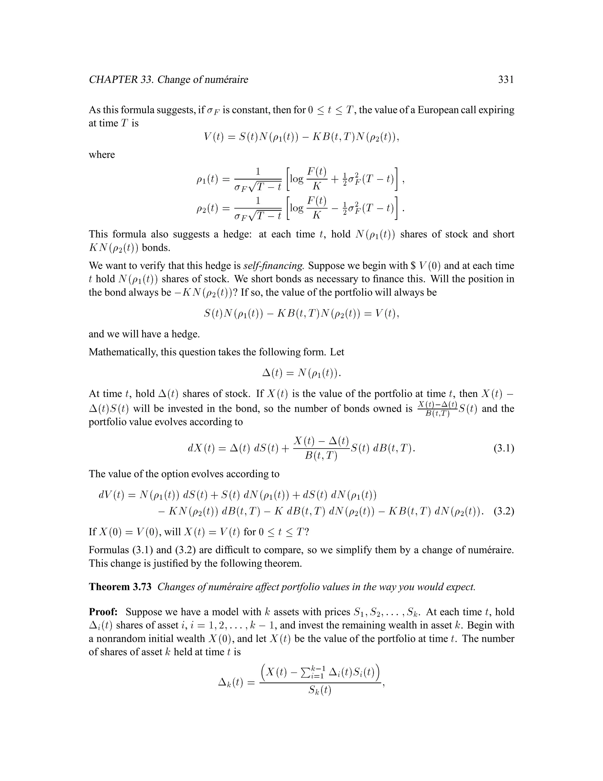 148
s s+t
restart
B(s)
Figure 13.4: Markov Property of Brownian Motion.
Use the Independence Lemma. Deﬁne
gx = IE hBs + t ,Bs + x
= IE
2
664hx+ Bt| z
same distribution as Bs+ t ,Bs

3
775
= IExhBt:
Then
IE

hBs + t Fs

= gBs
= EBshBt:
In fact Brownian motion has the strong Markov property.
Example 13.1 (Strong Markov Property) See Fig. 13.5. Fix x 0 and deﬁne
= minft  0; Bt = xg:
Then we have:
IE

hB + t F 

= gB  = IExhBt:
 