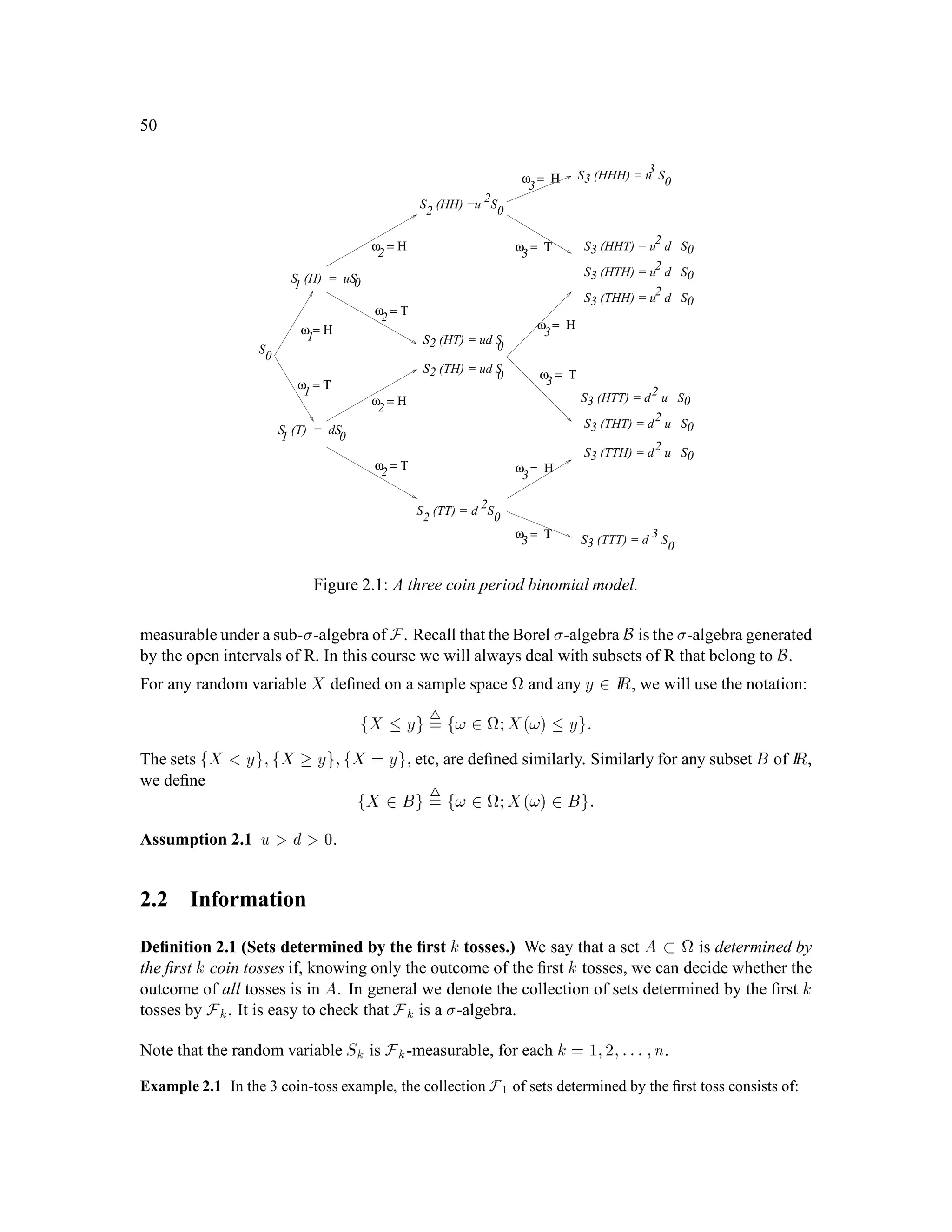 32
Example 1.10 Inﬁnite coin toss space.
Toss a coin repeatedly without stopping, so that is the set of all nonterminating sequences of H
and T. We call this space 1. This is an uncountably inﬁnite space, and we need to exercise some
care in the construction of the -algebra we will use here.
For each positive integer n, we deﬁne Fn to be the -algebra determined by the ﬁrst n tosses. For
example, F2 contains four basic sets,
AHH
= f! = !1;!2;!3;:::;!1 = H;!2 = Hg
= The set of all sequences which begin with HH;
AHT
= f! = !1;!2;!3;:::;!1 = H;!2 = Tg
= The set of all sequences which begin with HT;
ATH
= f! = !1;!2;!3;:::;!1 = T;!2 = Hg
= The set of all sequences which begin with TH;
ATT
= f! = !1;!2;!3;:::;!1 = T;!2 = Tg
= The set of all sequences which begin with TT:
Because F2 is a -algebra, we must also put into it the sets ;, , and all unions of the four basic
sets.
In the -algebra F, we put every set in every -algebra Fn, where n ranges over the positive
integers. We also put in every other set which is required to make F be a -algebra. For example,
the set containing the single sequence
fHHHHHg = fH on every tossg
is not in any of the Fn -algebras, because it depends on all the components of the sequence and
not just the ﬁrst n components. However, for each positive integer n, the set
fH on the ﬁrst n tossesg
is in Fn and hence in F. Therefore,
fH on every tossg =
1
n=1
fH on the ﬁrst n tossesg
is also in F.
We next construct the probability measure IP on  1;F which corresponds to probability p 2
0;1 for H and probability q = 1 , p for T. Let A 2 F be given. If there is a positive integer n
such that A 2 Fn, then the description of A depends on only the ﬁrst n tosses, and it is clear how to
deﬁne IPA. For example, suppose A = AHH ATH, where these sets were deﬁned earlier. Then
A is in F2. We set IPAHH = p2 and IPATH = qp, and then we have
IPA = IPAHH ATH = p2 + qp = p+ qp = p:
In other words, the probability of a H on the second toss is p.
 