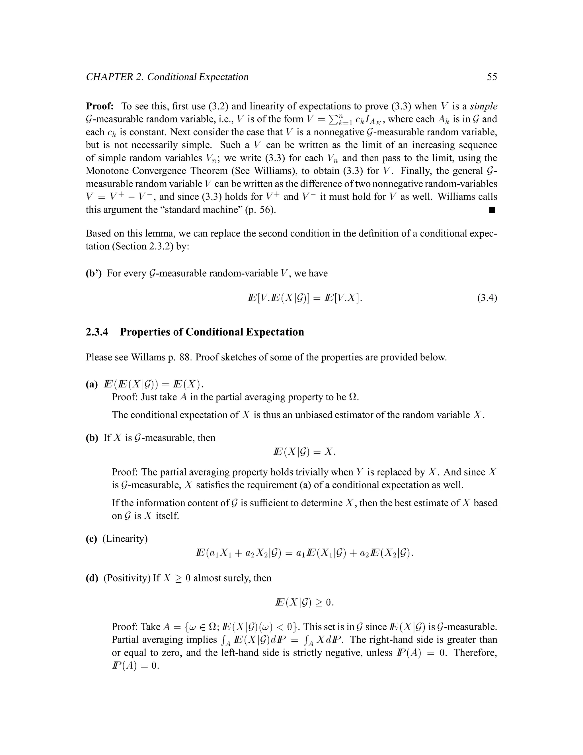 0;1 , we deﬁne IPA = 0Ato be the Lebesgue measure of the set. Because
0 0;1 = 1, this gives us a probability measure.
This probability space corresponds to the random experiment of choosing a number from 0;1 so
that every number is “equally likely” to be chosen. Since there are inﬁnitely mean numbers in 0;1 ,
this requires that every number have probabilty zero of being chosen. Nonetheless, we can speak of
the probability that the number chosen lies in a particular set, and if the set has uncountably many
points, then this probability can be positive. 
I know of no way to design a physical experiment which corresponds to choosing a number at
random from 0;1 so that each number is equally likely to be chosen, just as I know of no way to
toss a coin inﬁnitely many times. Nonetheless, both Examples 1.10 and 1.12 provide probability
spaces which are often useful approximations to reality.
Example 1.13 Standard normal distribution.
Deﬁne the standard normal density
'x = 1p
2
e
,
x2
2 :
Let = IR, F = BIR and for every Borel set A  